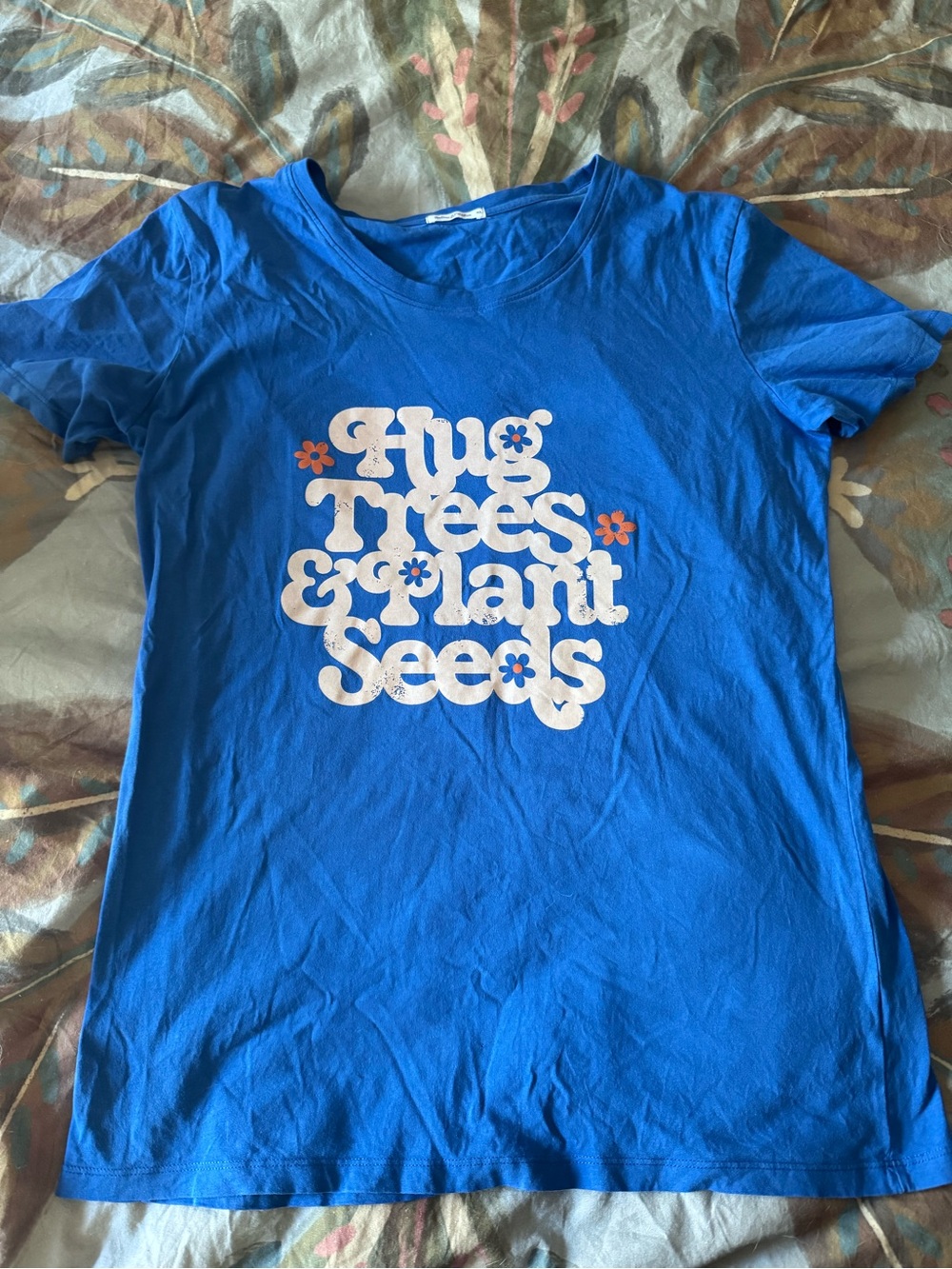 Blue Women’s Graphic Tee - 'Hug Trees & Plant Seeds’